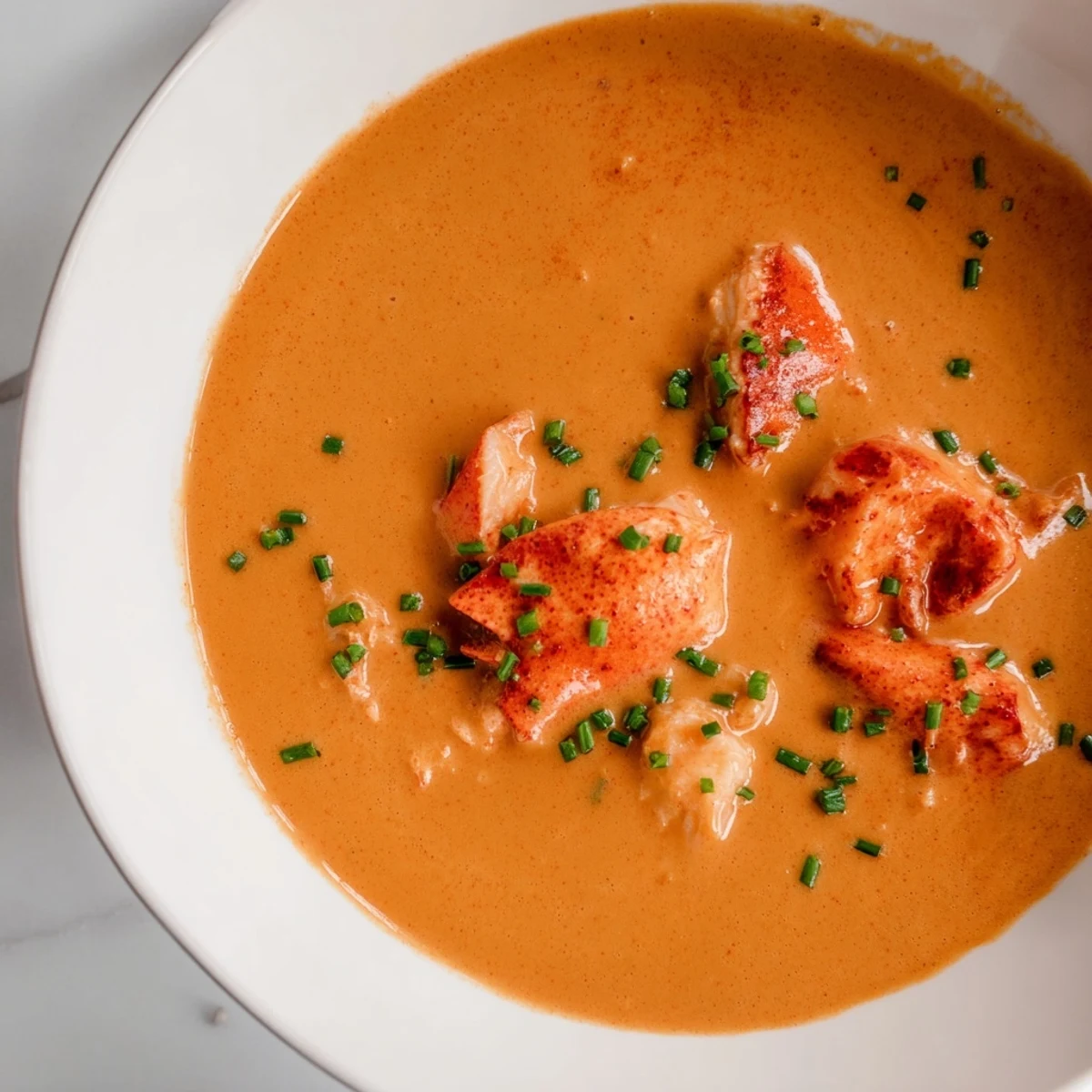 Velvety Creamy Lobster Bisque with Sherry Vinegar Substitute being poured from a ladle into a white bowl at dinner.