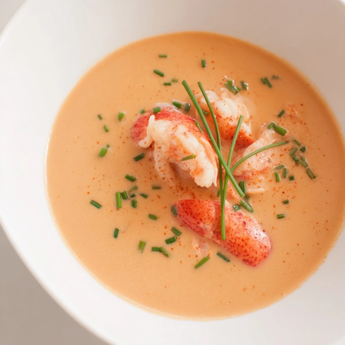 A warm bowl of Creamy Lobster Bisque with Sherry Vinegar Substitute, garnished with fresh chives and served alongside crusty baguette.