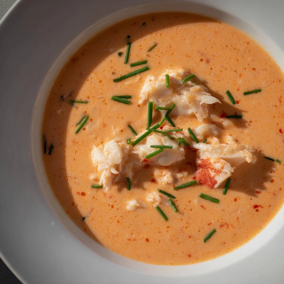 A close-up of Creamy Lobster Bisque with Sherry Vinegar Substitute showing rich, orange-pink broth and tender chunks of lobster meat.