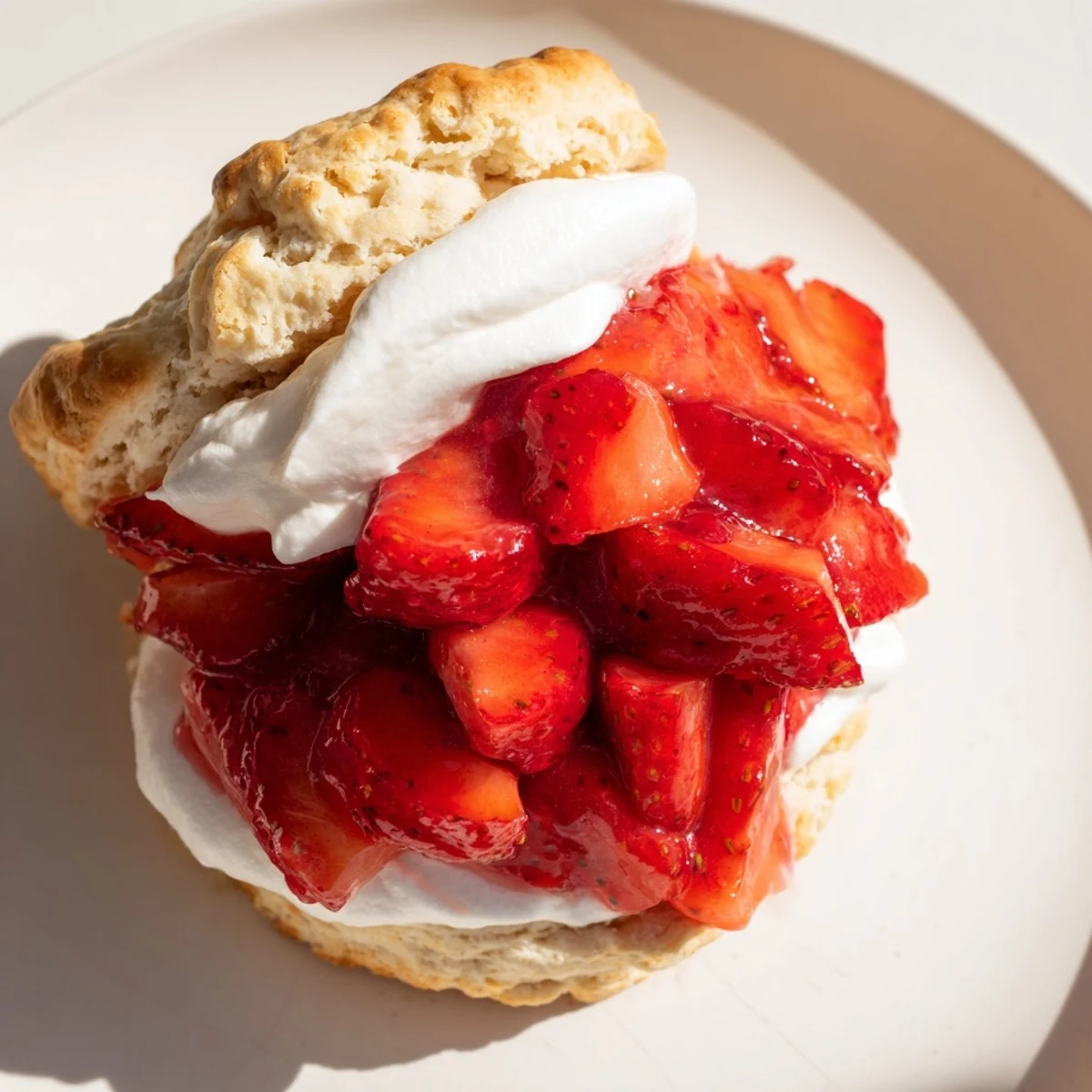 Warm homemade biscuits layered with sweet macerated strawberries and fresh whipped cream, a classic summer dessert.