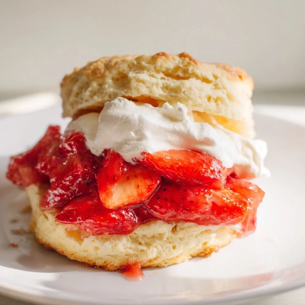 Fresh strawberry shortcake features golden biscuits, sugared strawberries, and dollops of chilled whipped cream.
