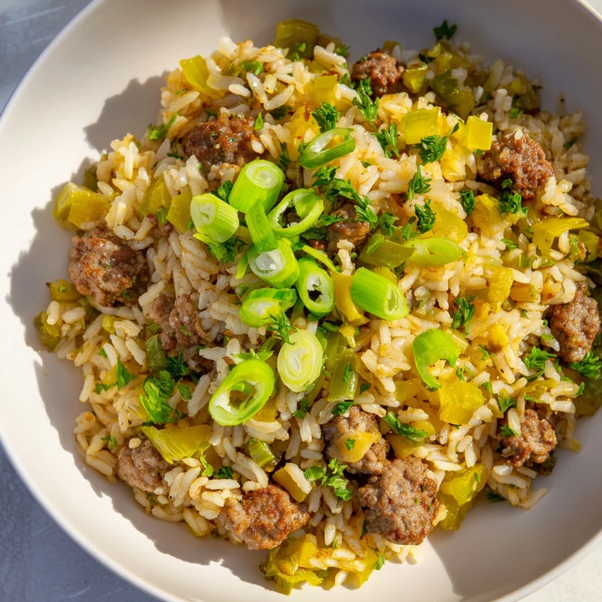 A close-up of Cajun Dirty Rice with Ground Beef, featuring seasoned beef crumbles mixed with fluffy rice, diced vegetables, and fresh green onions.  