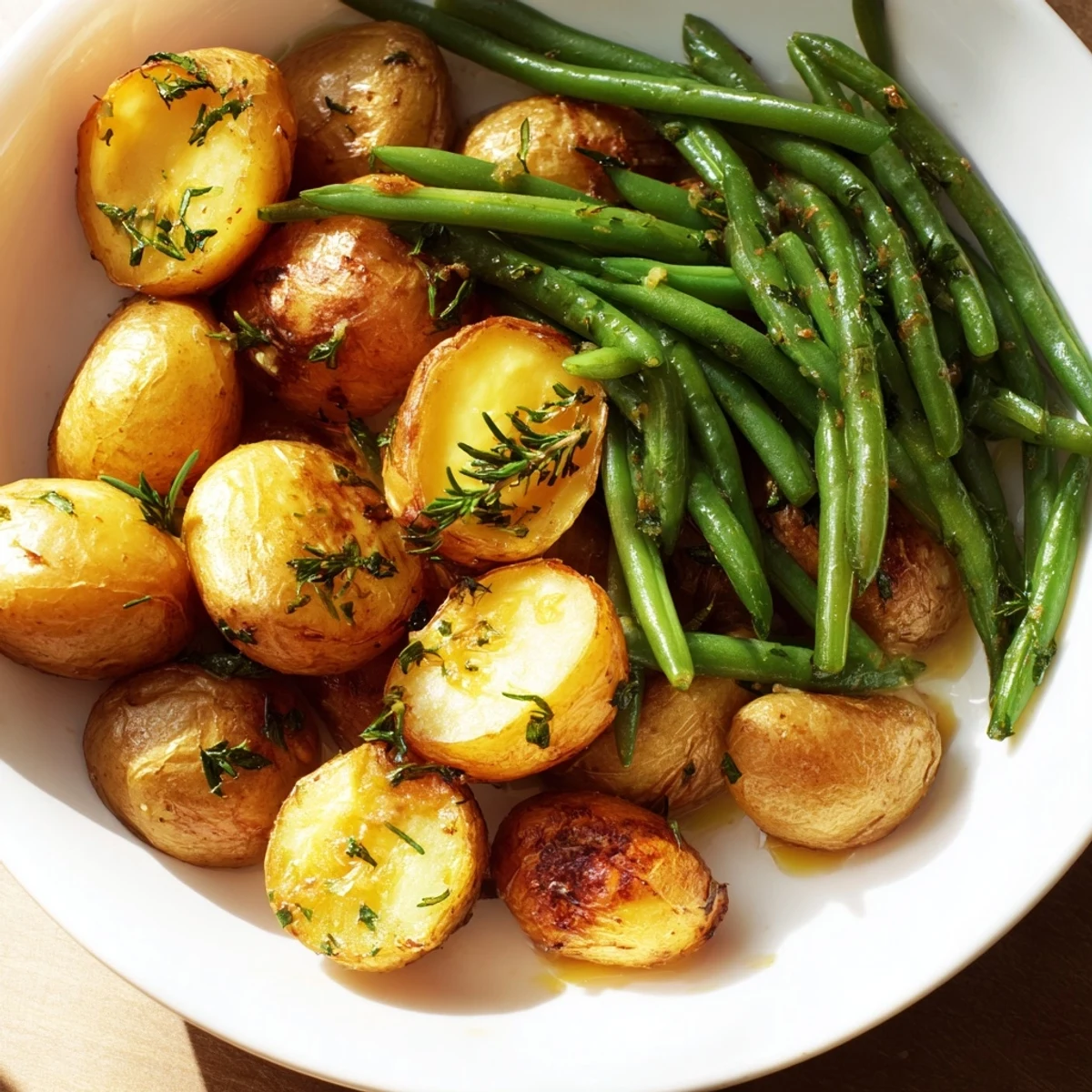 Golden roasted baby potatoes and crisp green beans tossed with fresh parsley, rosemary, and minced garlic on a baking sheet.  