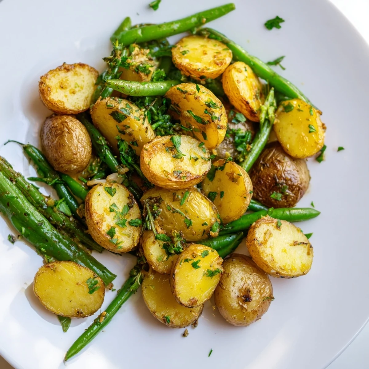 A close-up of the Garlic Herb Roasted Potatoes and Green Beans, showcasing crispy edges and tender beans with aromatic herbs.