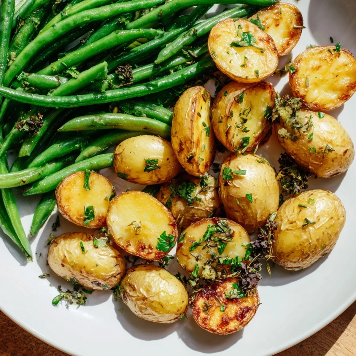 Garlic Herb Roasted Potatoes and Green Beans served hot as a vibrant, easy vegetarian side dish for a family meal.  