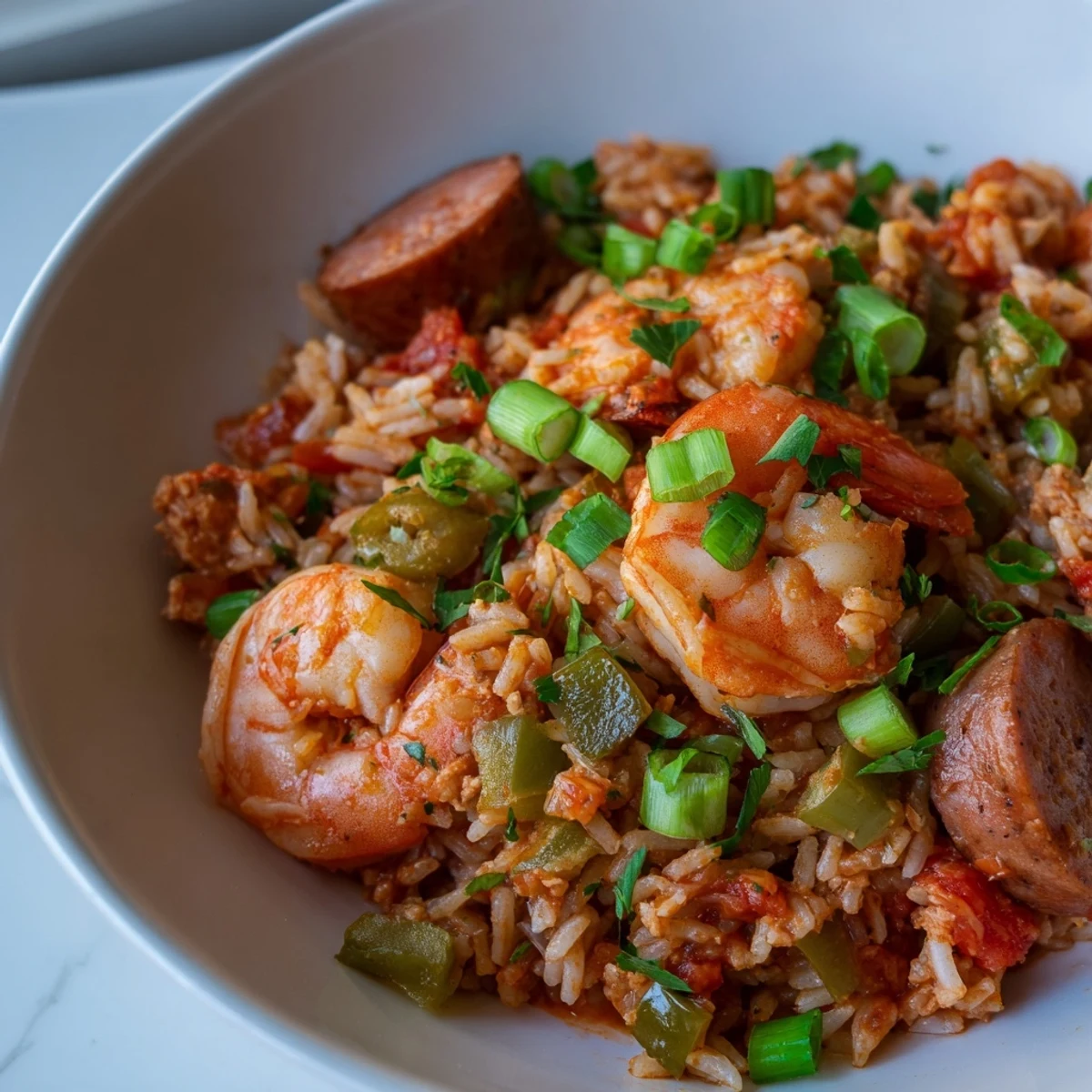 A steaming bowl of Spicy Jambalaya with Shrimp and Turkey Sausage, garnished with fresh parsley and lemon wedges.  