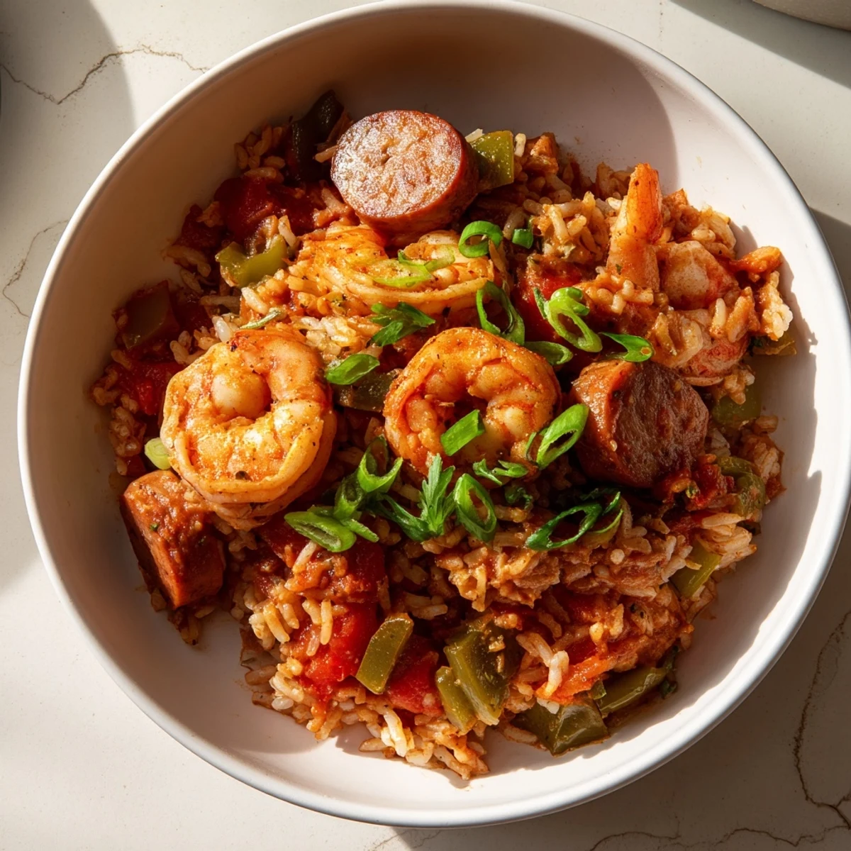 Close-up of Spicy Jambalaya with Shrimp and Turkey Sausage on a rustic plate, highlighting the plump pink shrimp and smoky sausage.  