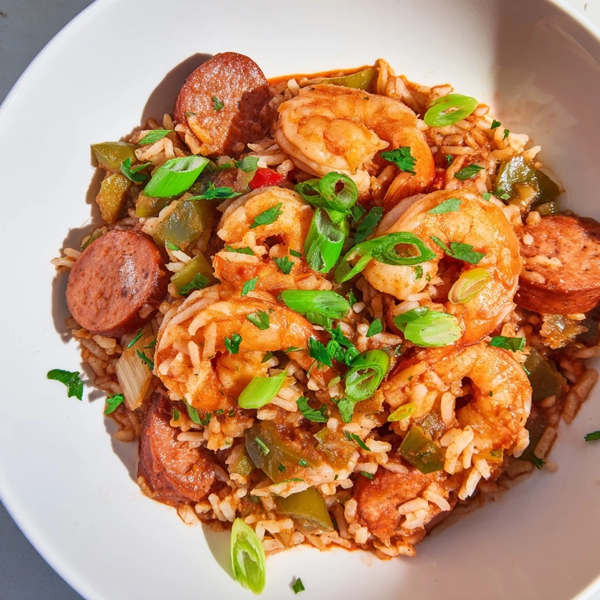 Hearty Creole-inspired Spicy Jambalaya with Shrimp and Turkey Sausage served with a side of crusty bread for dipping.