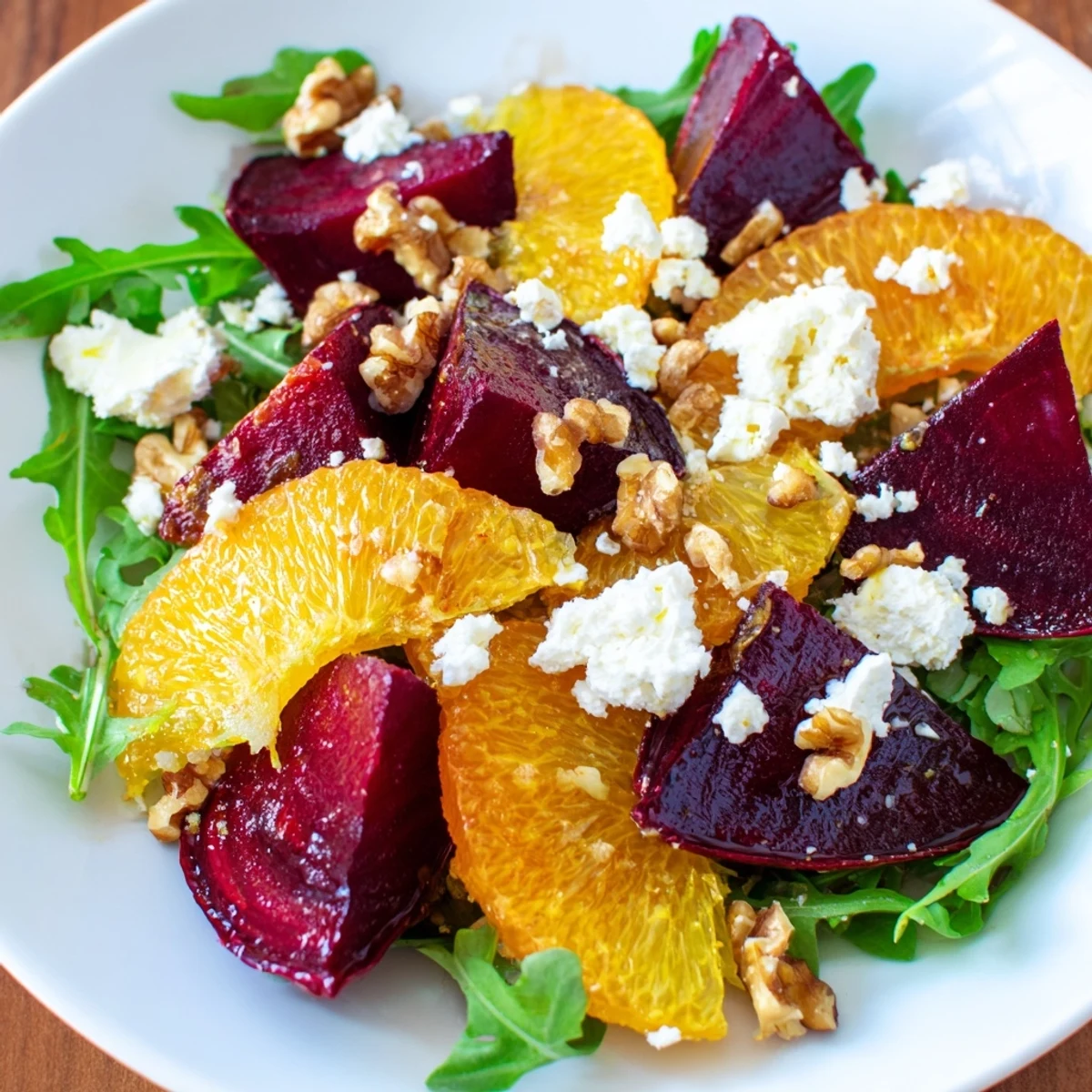 A vibrant Roasted Beet and Citrus Salad with Arugula features deep red beet wedges and juicy orange slices on a bed of peppery greens.