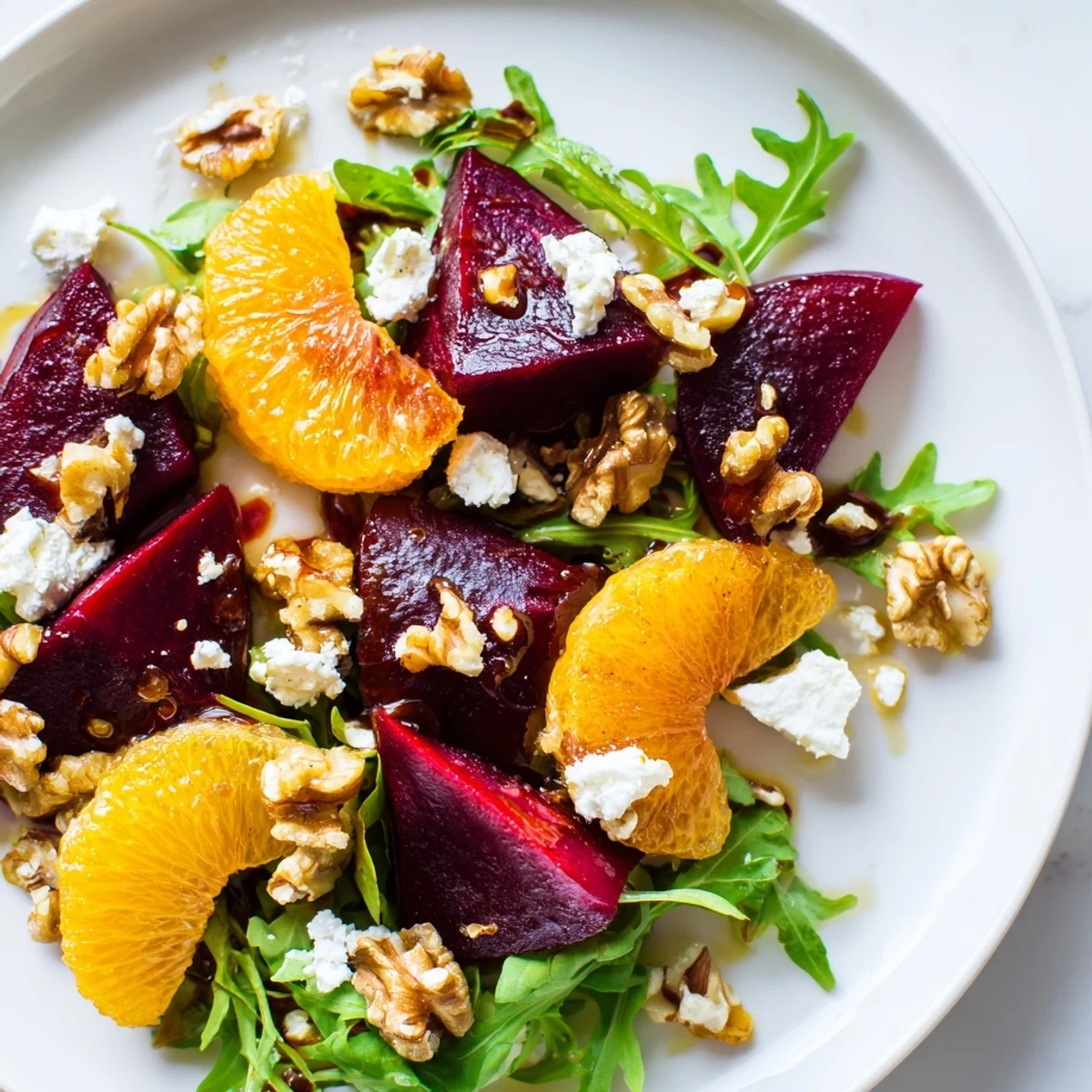 Serve this Roasted Beet and Citrus Salad with Arugula on a white platter, topped with crumbled goat cheese and toasted walnuts.
