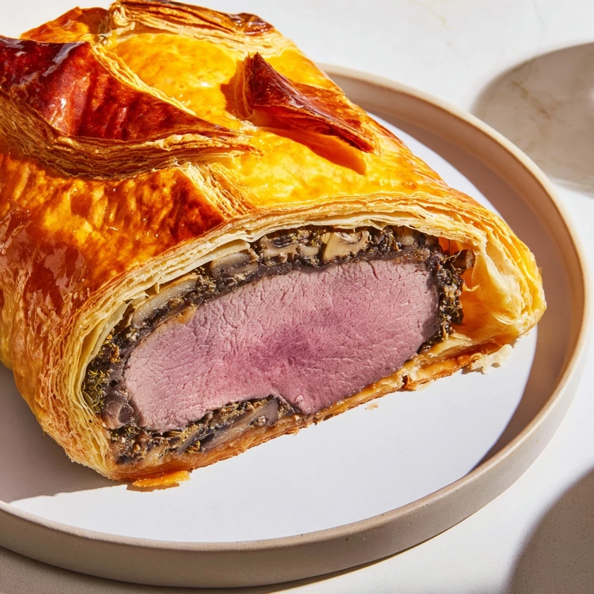 Golden-brown, flaky puff pastry wraps the tender beef fillet and savory mushroom duxelles in this classic Beef Wellington, sliced to reveal its juicy interior.