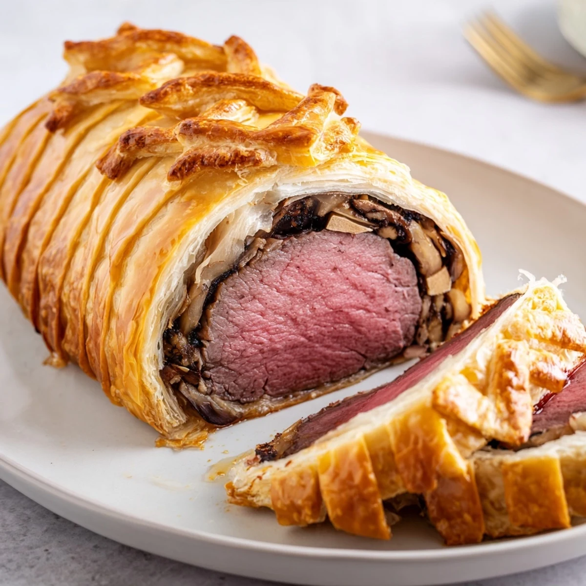A close-up view of a perfectly baked Beef Wellington showcasing the crisp pastry crust and rich mushroom filling, ready to be served for dinner.