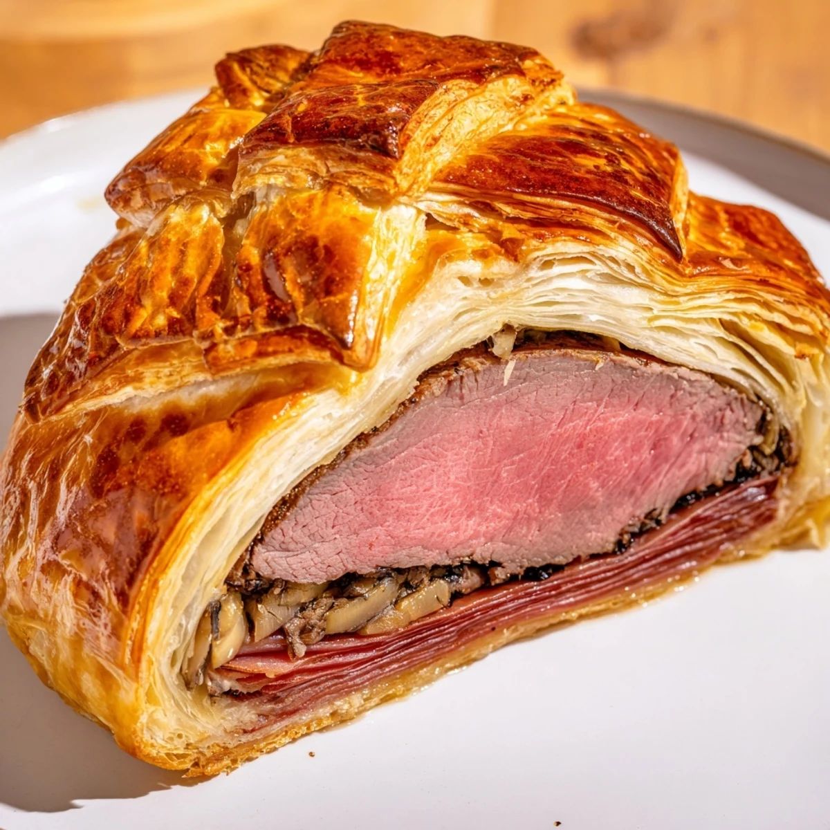 Sliced Beef Wellington on a rustic platter with herbs, highlighting the tender beef and golden-brown puff pastry, perfect for a festive main dish.