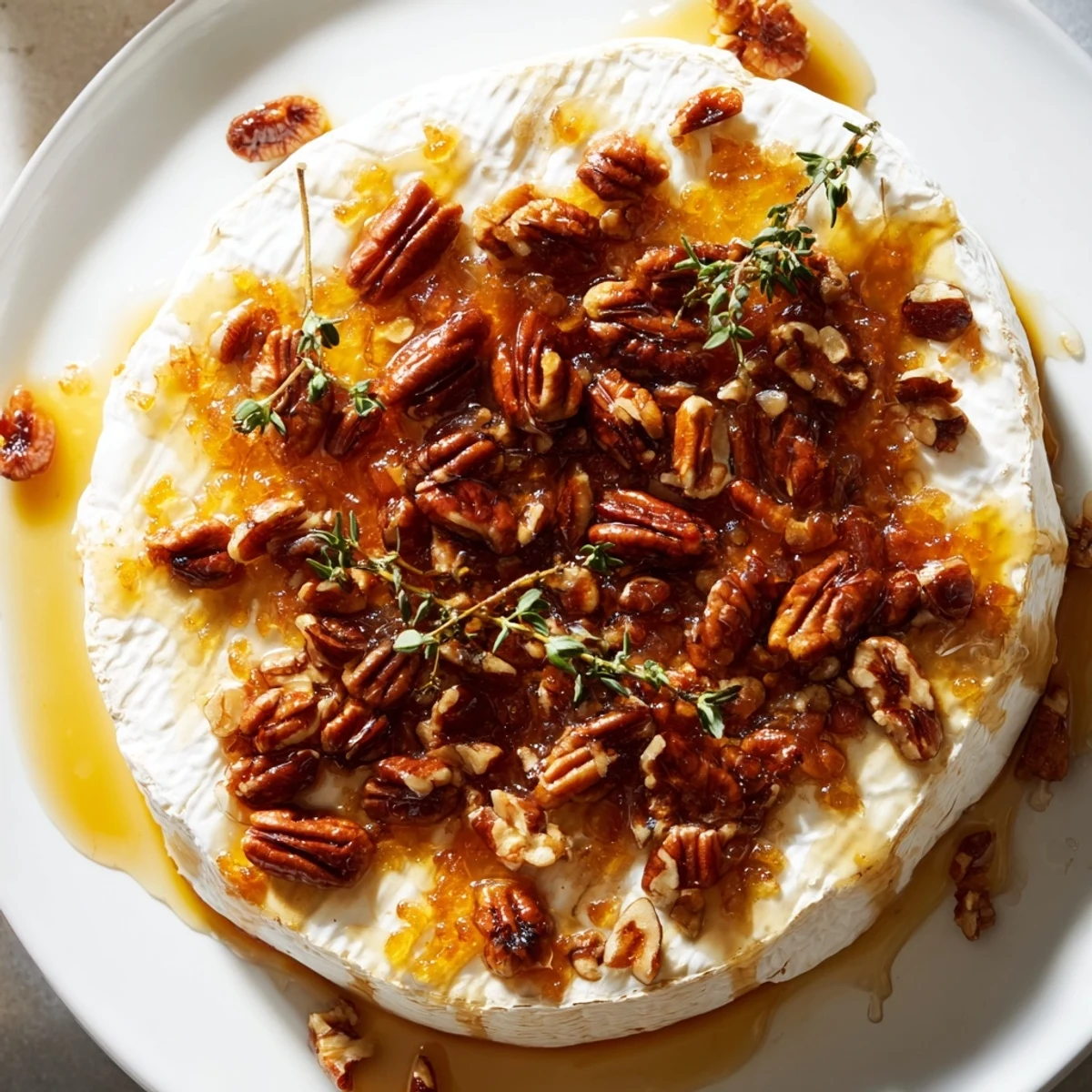 Gooey Baked Brie with Apricot Preserves and Pecans garnished with fresh thyme and served with crusty bread.  