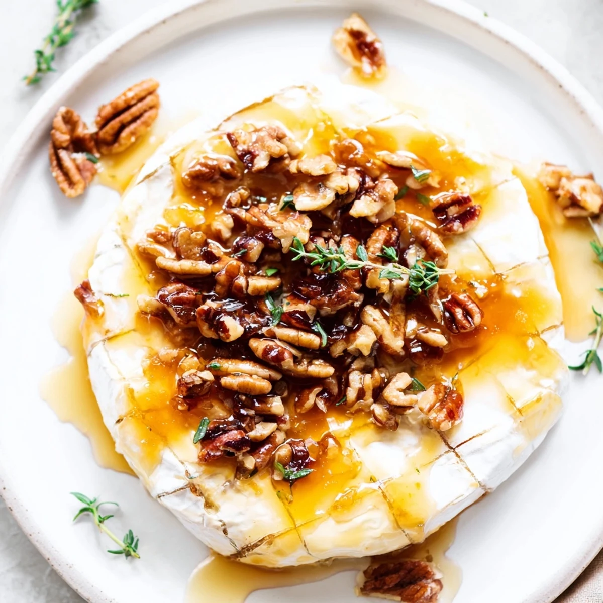 A warm wheel of Baked Brie with Apricot Preserves and Pecans bubbling on a rustic serving platter.  
