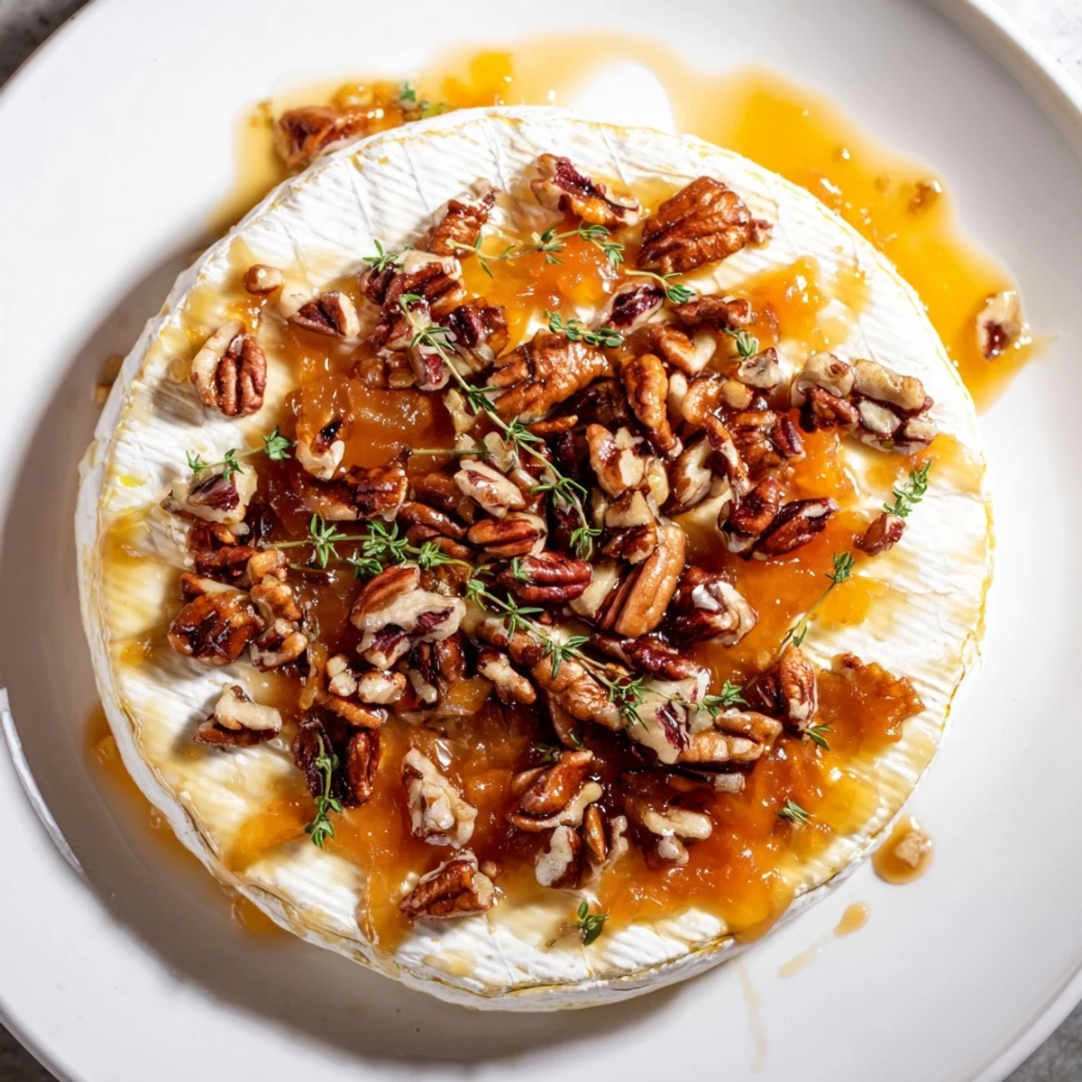 Golden Baked Brie with Apricot Preserves and Pecans paired with crackers, perfect for entertaining guests.