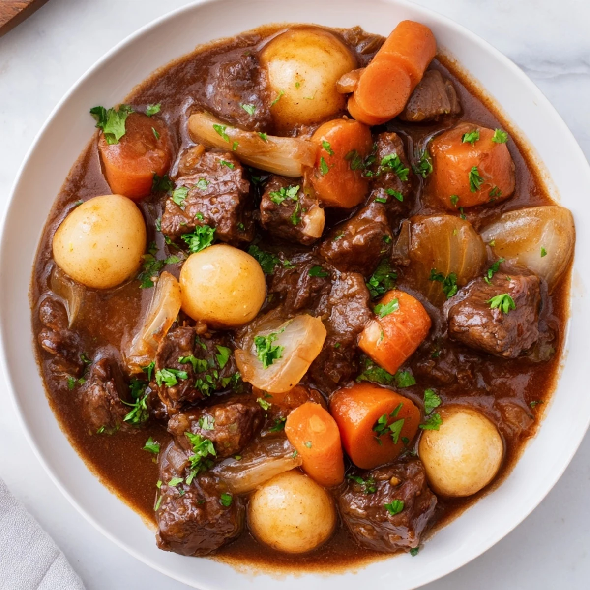 Classic Irish Beef Stew with Guinness-Style Alcohol-Free Sauce in a rustic pot, with chunks of beef, celery, and potatoes in a thick, dark gravy.