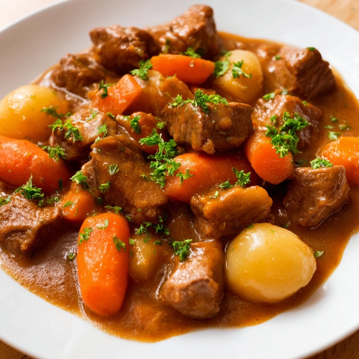 Hearty, rich stew featuring slow-simmered beef, parsnips, and a malty, alcohol-free stout sauce, served hot with a garnish of fresh parsley.  