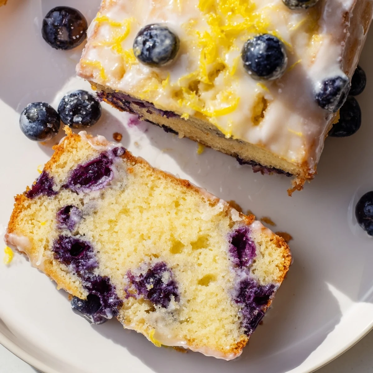 Freshly baked Lemon Blueberry Yogurt Loaf Cake with a golden crust and glazed top, blueberries visible in each slice.