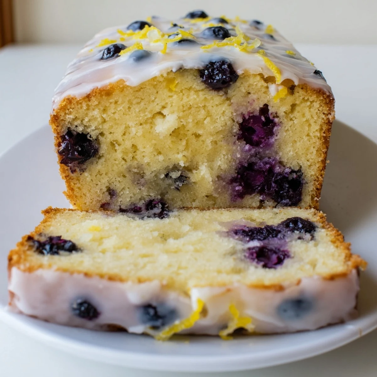 Slices of Lemon Blueberry Yogurt Loaf Cake served on a white plate with tea, moist crumb studded with berries.