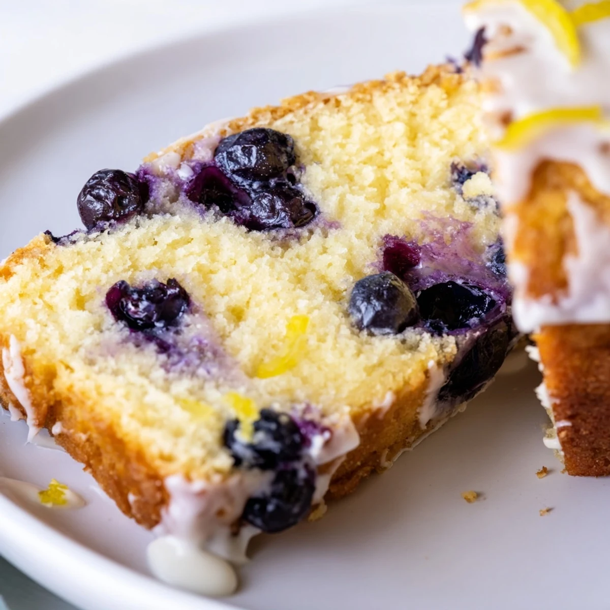 Close-up of Lemon Blueberry Yogurt Loaf Cake showing tender interior, lemon glaze dripping down the side, perfect for breakfast.