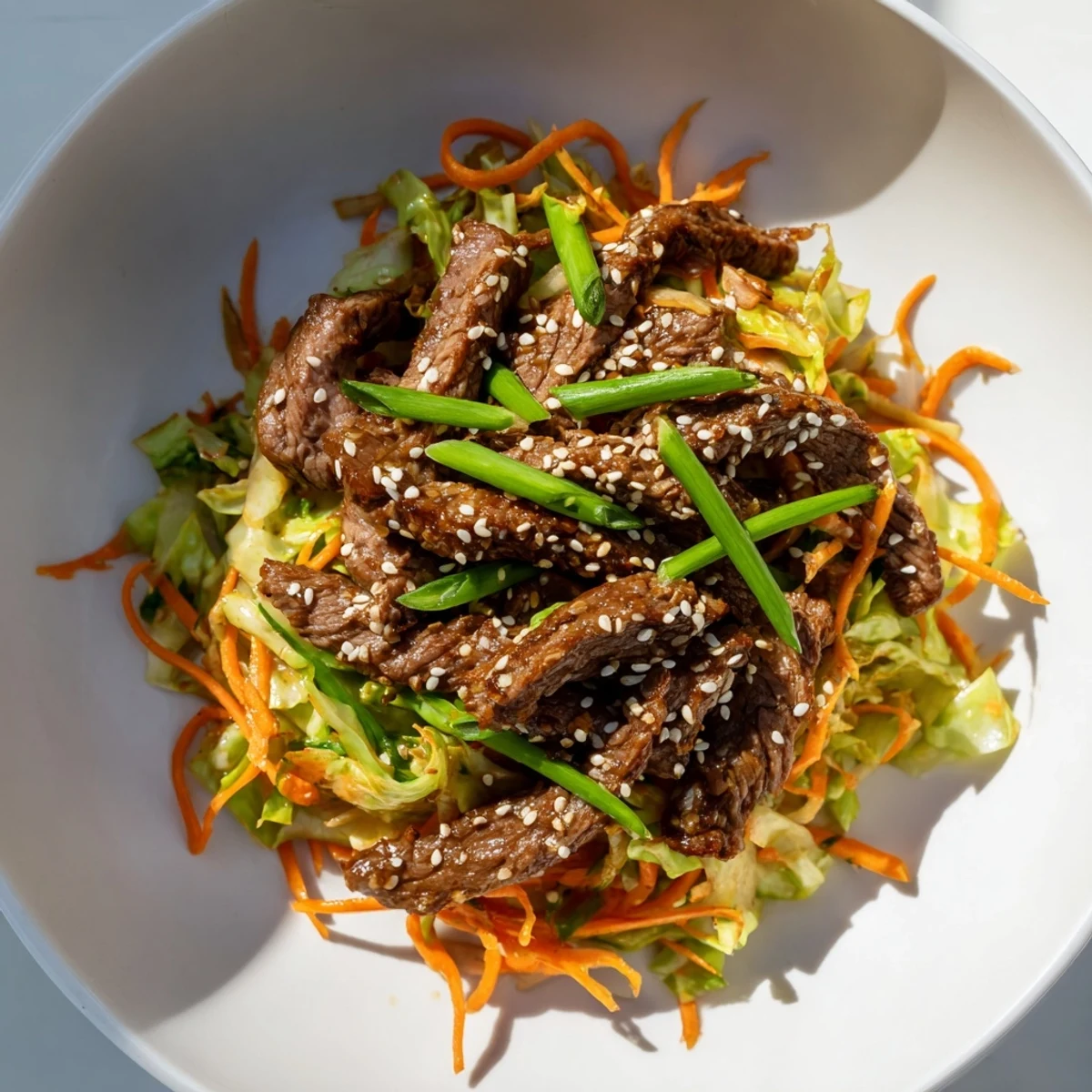 Tender beef strips and crisp cabbage in a keto friendly beef and cabbage stir fry, sizzling in a wok with fresh ginger.