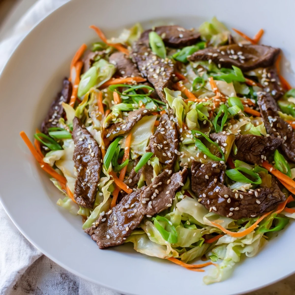 Savory keto friendly beef and cabbage stir fry served steaming in a skillet, garnished with sliced green onions and sesame seeds.