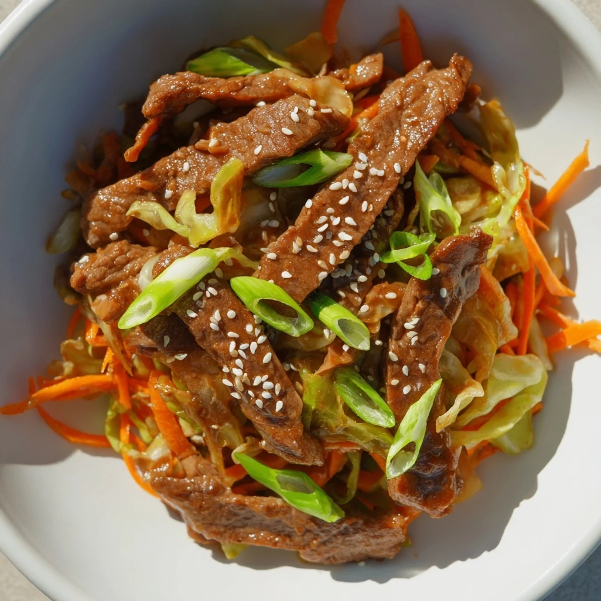 A vibrant low-carb keto friendly beef and cabbage stir fry on a plate, ready to serve with a side of cauliflower rice.