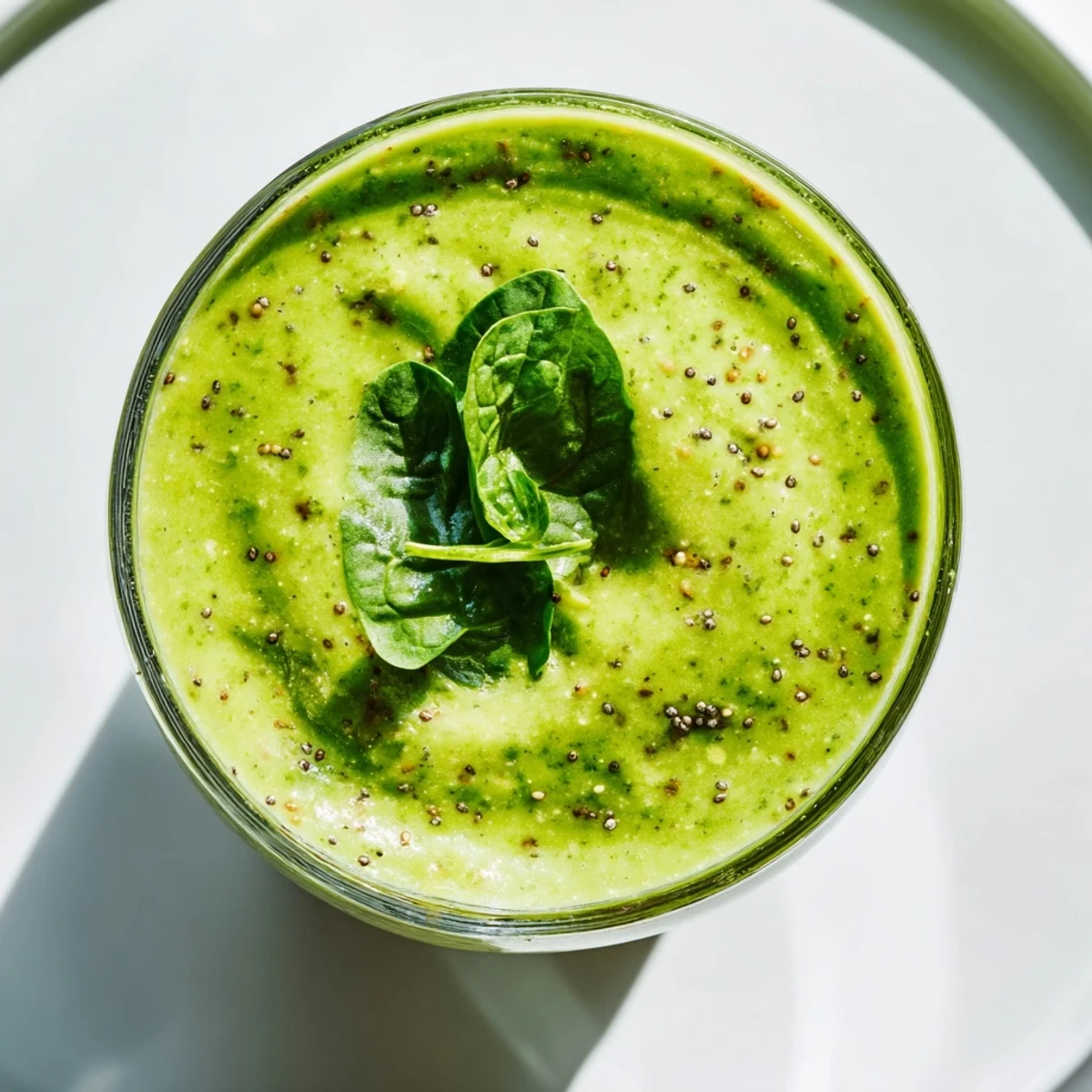 A vibrant glass of Detox Green Smoothie with Spinach and Ginger on a sunny kitchen counter.