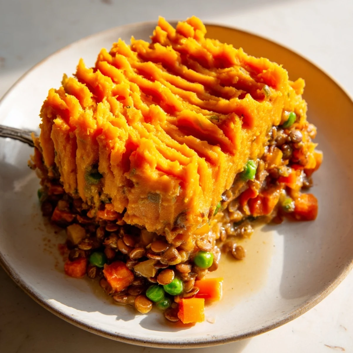 Golden-brown Vegan Lentil and Sweet Potato Shepherds Pie emerges from the oven with steam rising.