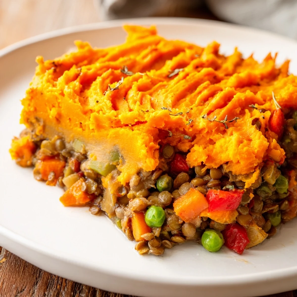 Creamy orange mashed sweet potatoes top a hearty lentil and vegetable filling for dinner.