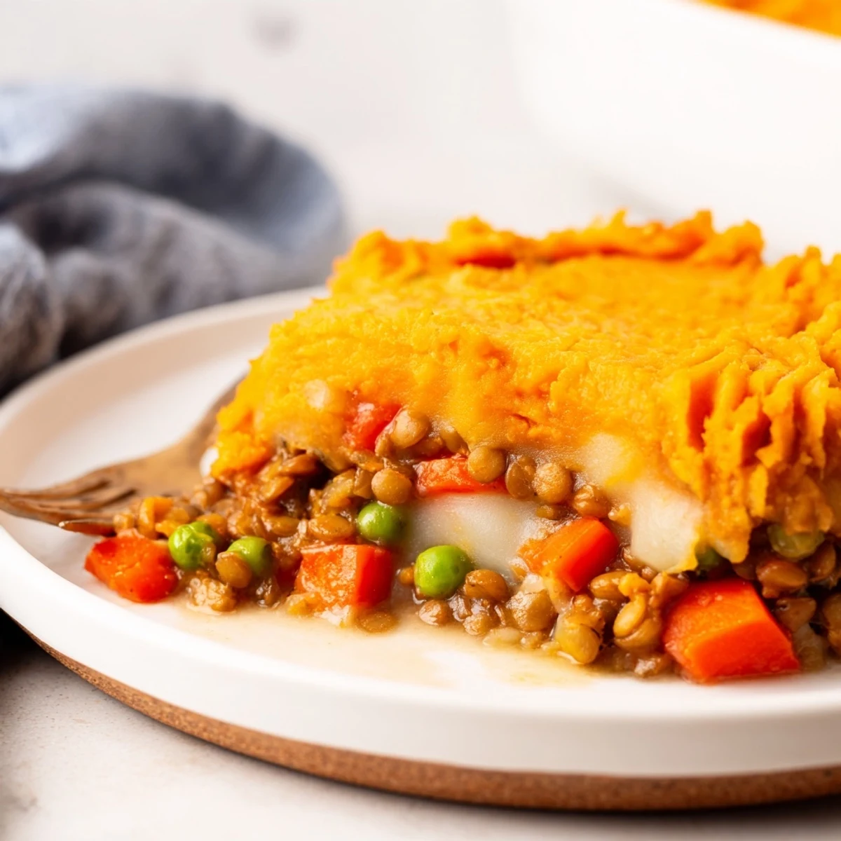 A close-up of Vegan Lentil and Sweet Potato Shepherds Pie shows a rustic baked dish.