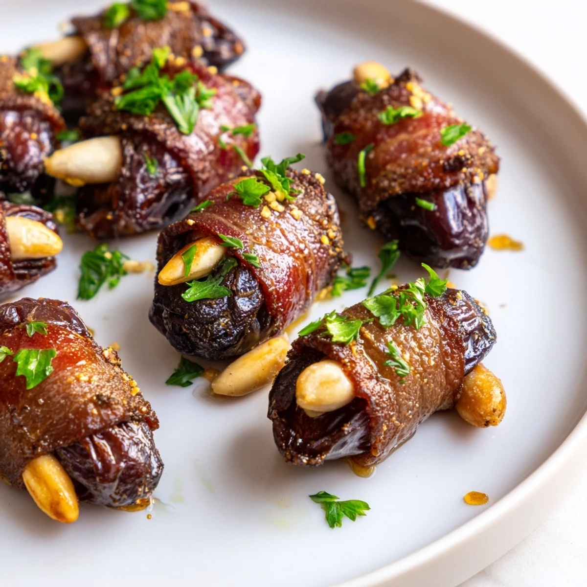Air Fryer Crispy Beef Bacon Wrapped Dates drizzled with honey, served alongside sparkling wine for appetizers.