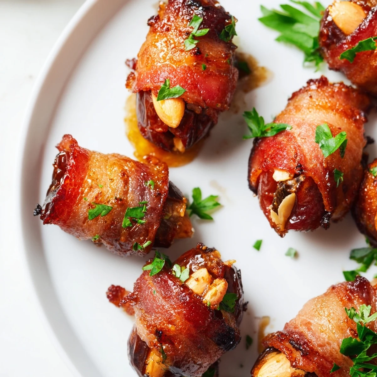 Close-up of Air Fryer Crispy Beef Bacon Wrapped Dates showing crispy beef bacon and a stuffed almond center.