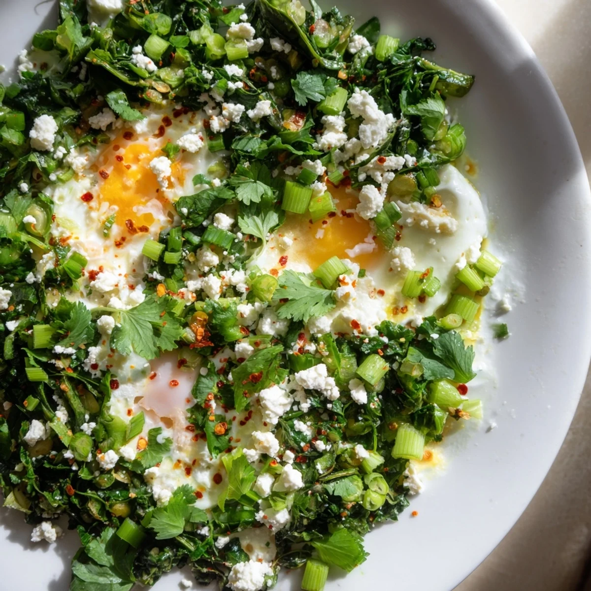 Steaming Green Shakshuka with spinach and feta in a deep skillet, featuring vibrant greens and poached eggs ready to serve.