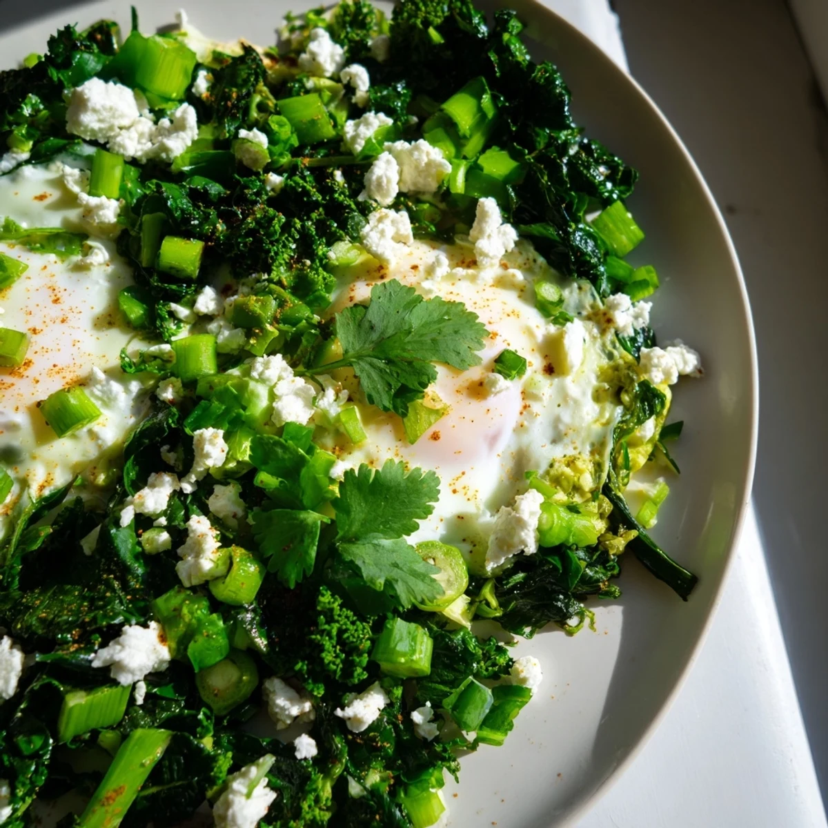 Close up of Green Shakshuka with spinach and feta, creamy yolks glistening on sautéed greens and herbs for a fresh breakfast.