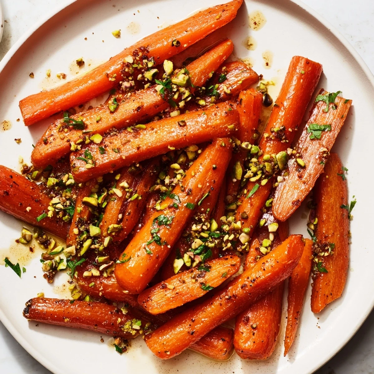 Close-up of roasted carrots with honey glaze and pistachios, garnished with fresh parsley for serving.