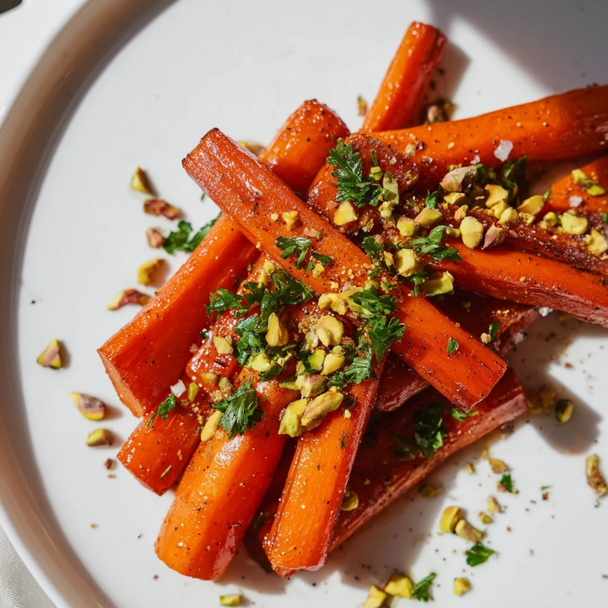 Roasted carrots with honey and pistachios served beside grilled chicken for a Mediterranean-inspired dinner.
