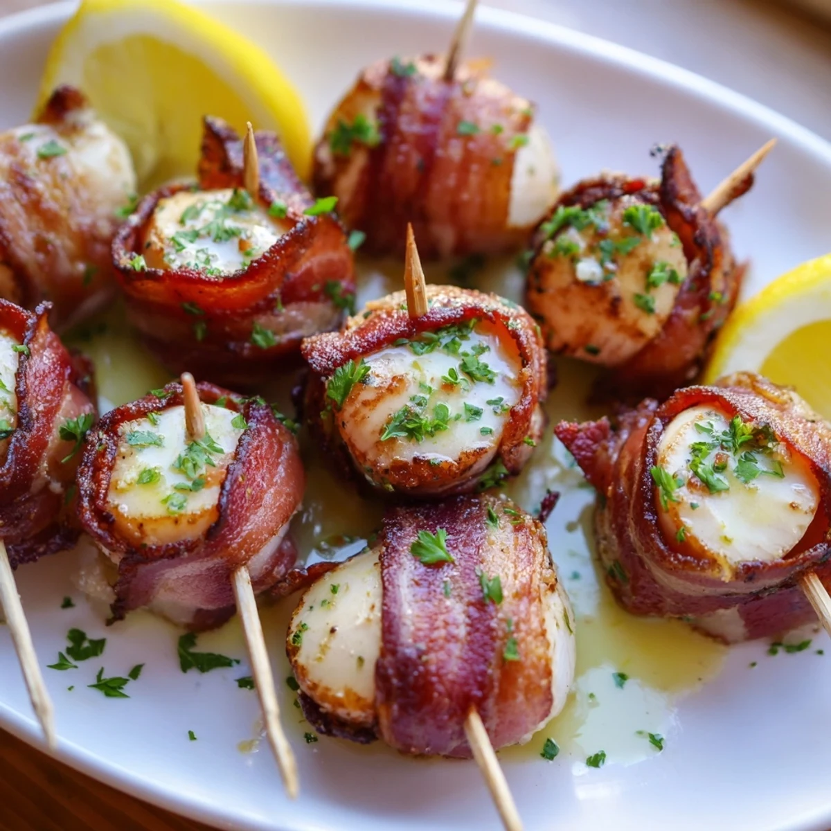 Twelve beef bacon wrapped scallops are sizzling, drizzled with garlic butter sauce on a white platter with lemon wedges.  