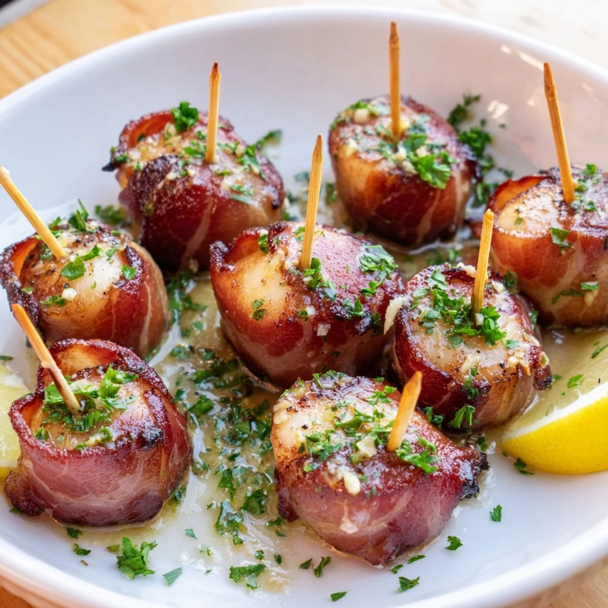 Freshly baked beef bacon wrapped scallops arranged with a garlic butter drizzle and parsley garnish on a clean surface.  