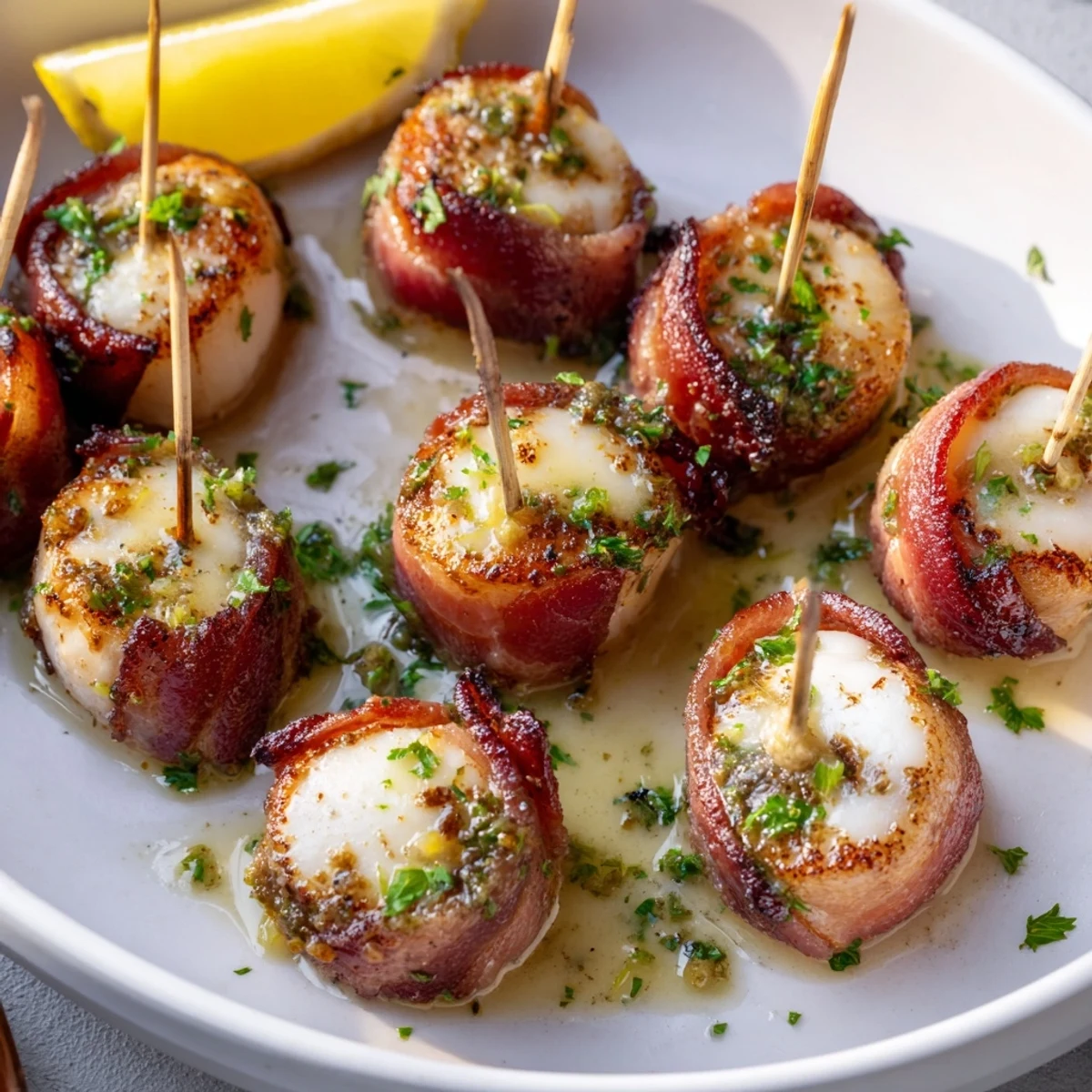 Golden-brown beef bacon wrapped scallops plated with a rich garlic butter sauce and bright lemon wedges for a perfect appetizer.