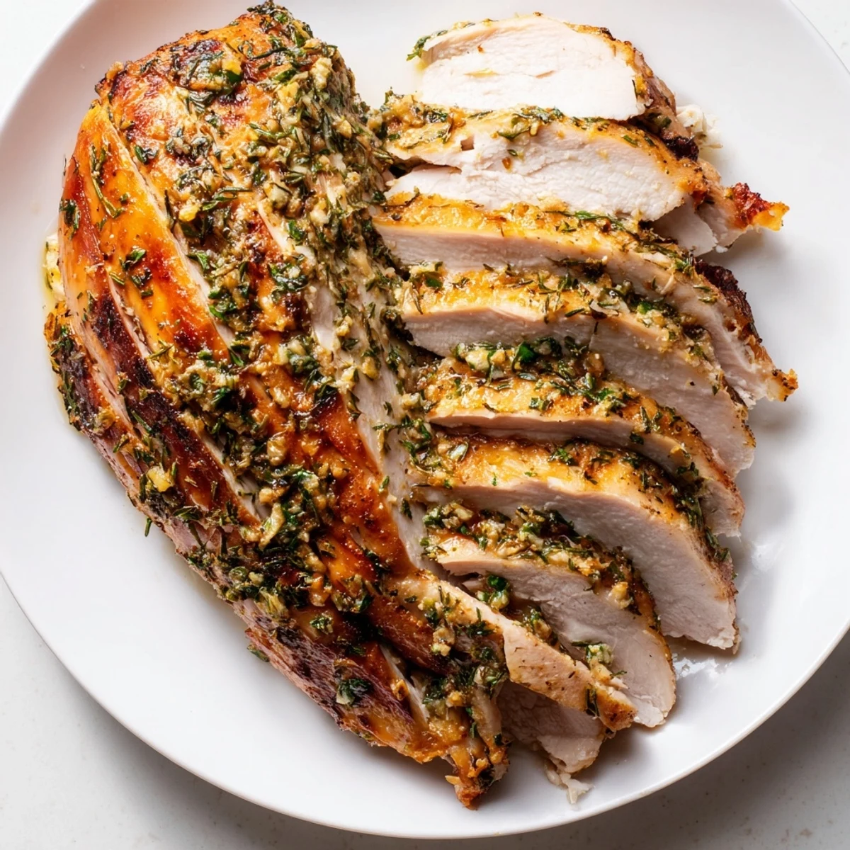 Freshly roasted Savory Herb Roasted Turkey Breast with golden crispy skin resting on roasted vegetables.