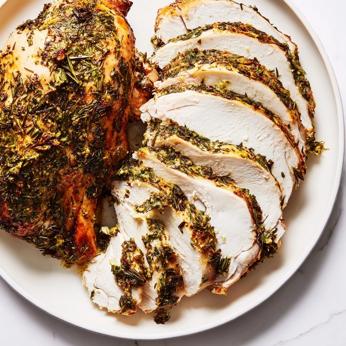 Juicy slices of Savory Herb Roasted Turkey Breast served on a white plate with gravy and cranberries.