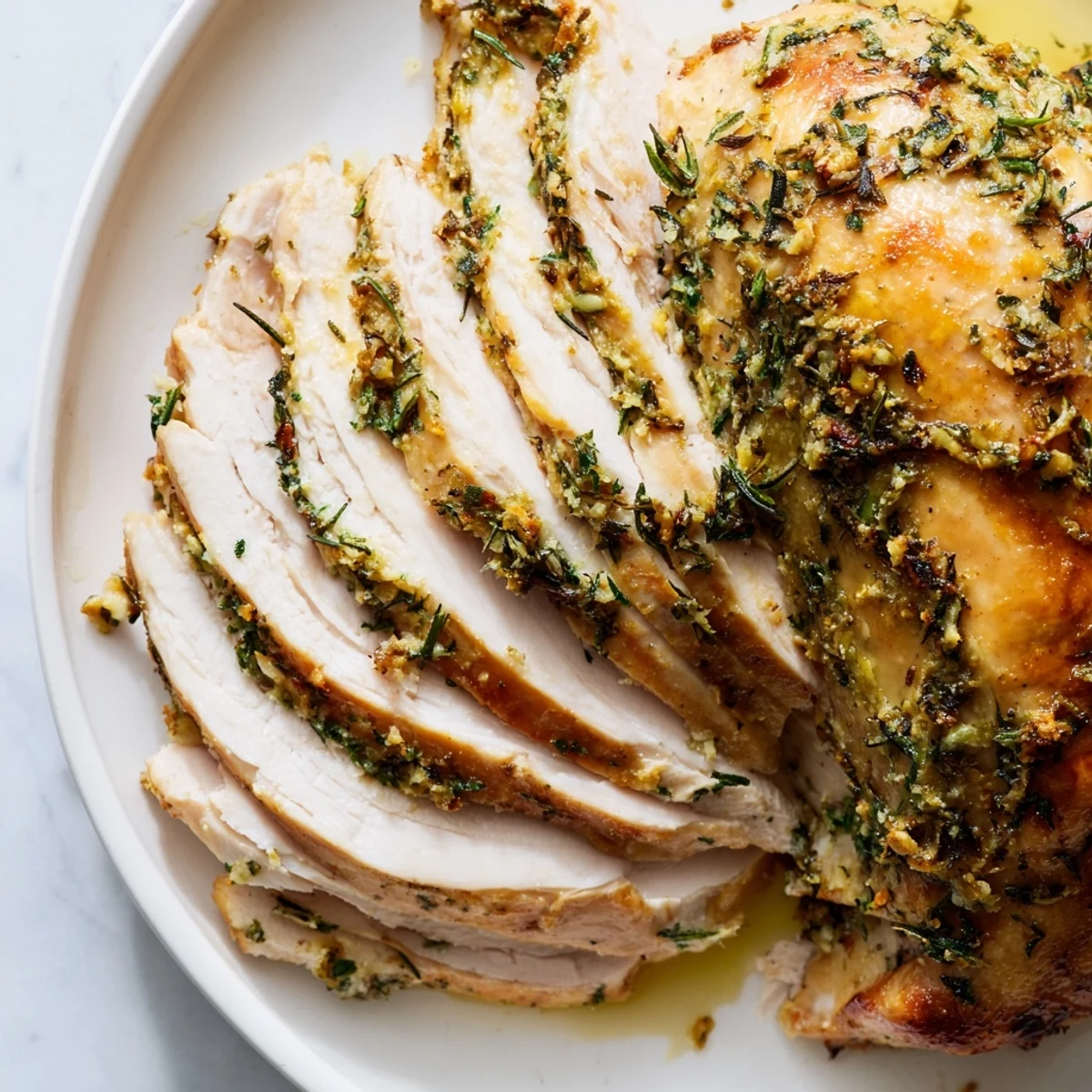 Close-up of Savory Herb Roasted Turkey Breast showing tender meat infused with fresh rosemary and thyme.