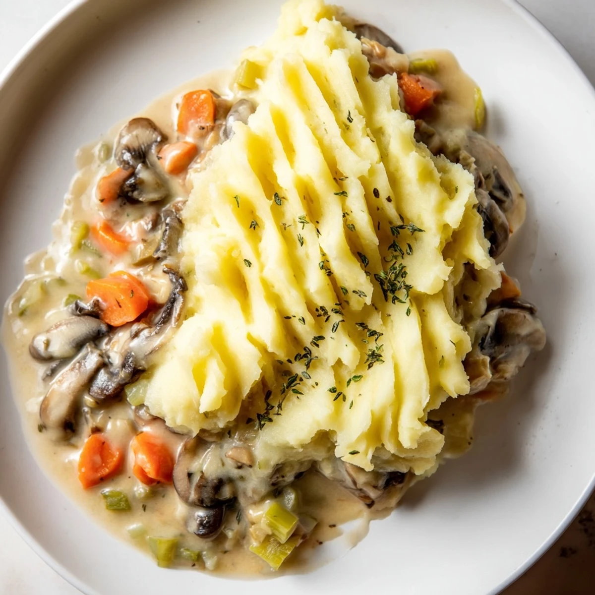 Golden-brown ridged mashed potatoes top a creamy mushroom and leek filling, served bubbling from the oven.