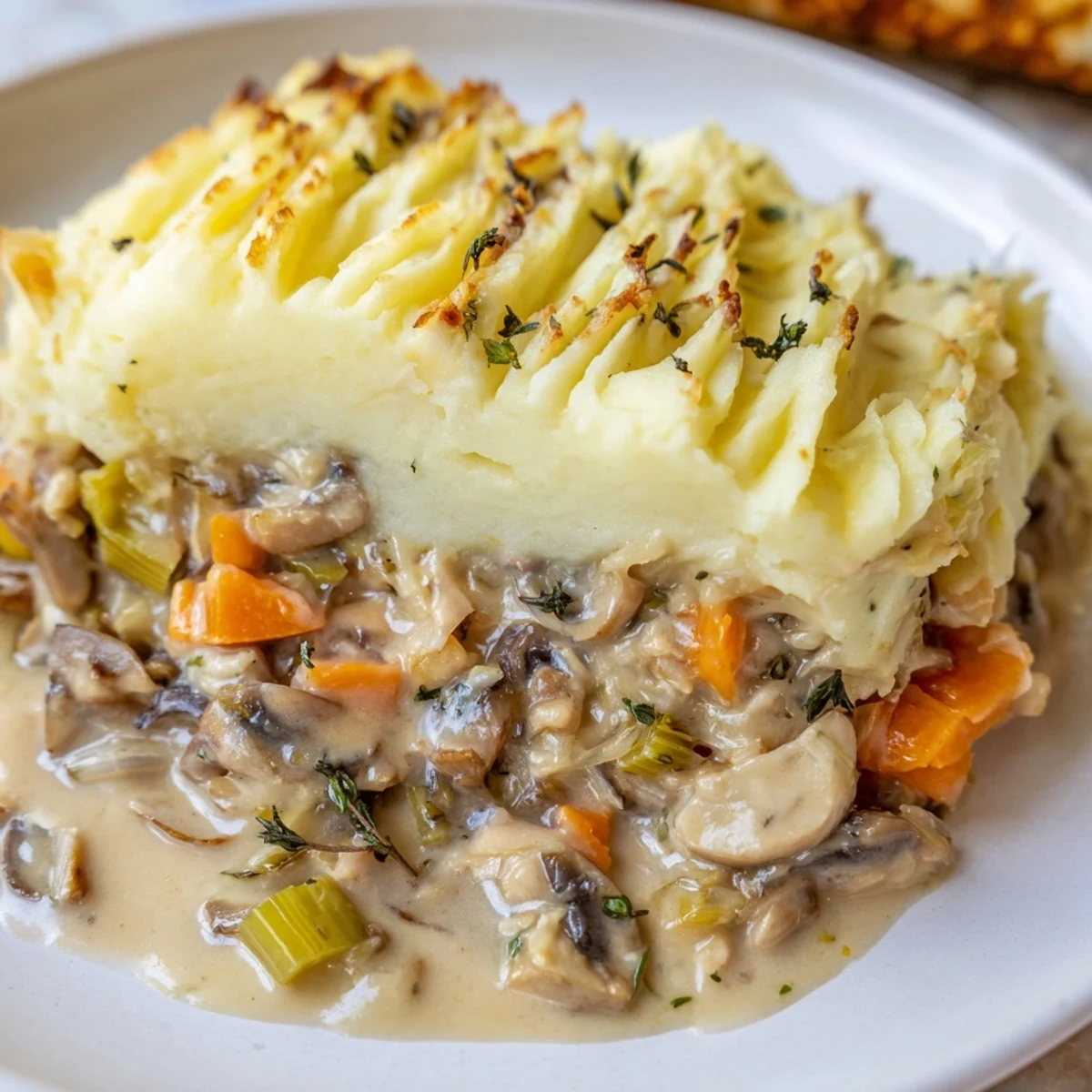 Golden crisp potato ridges crown a hearty, creamy mushroom and leek vegetarian shepherds pie.