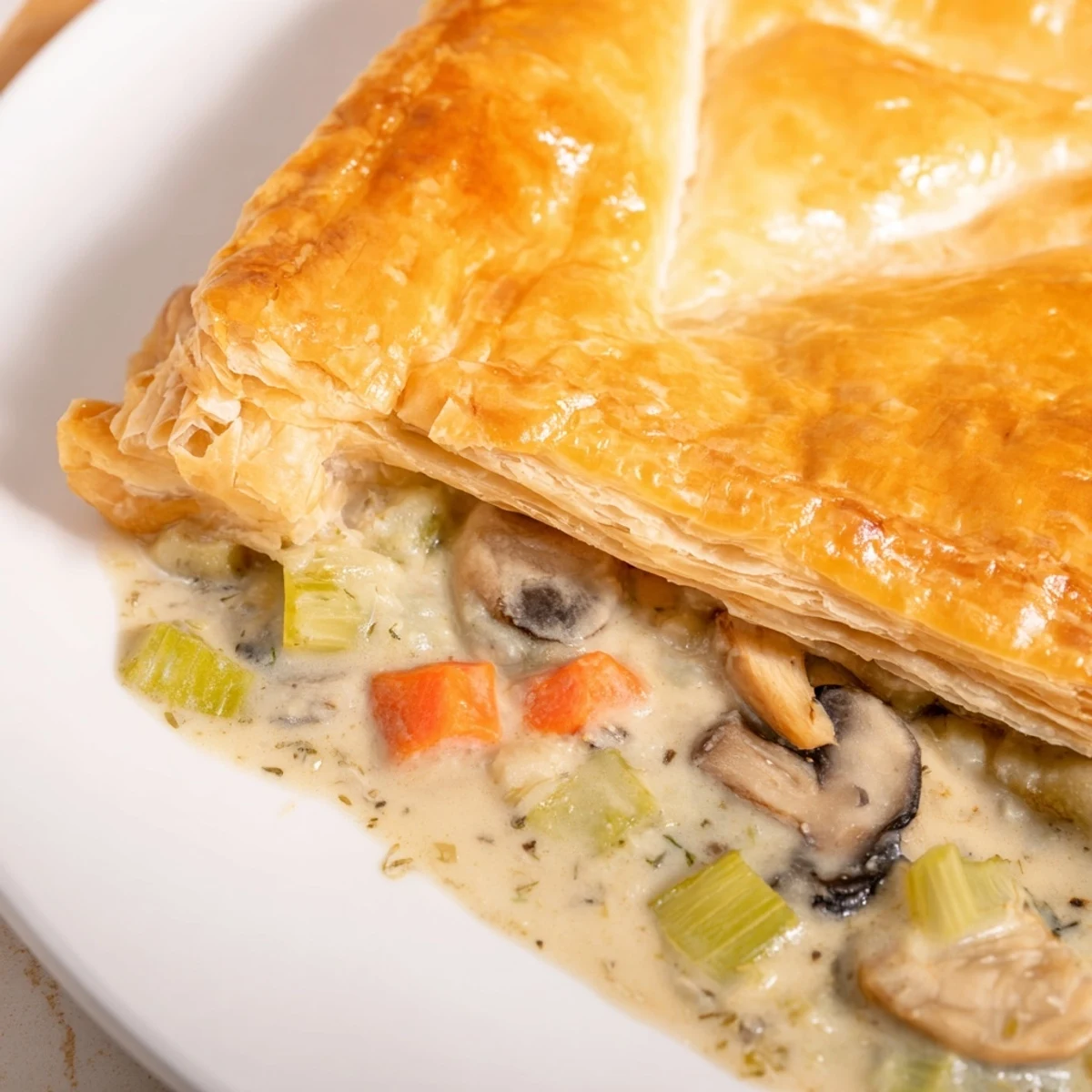 Golden, flaky pastry tops a creamy mushroom and leek pot pie, served hot in a rustic dish.