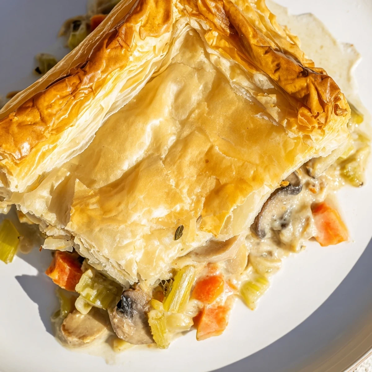 A vegetarian mushroom and leek pot pie reveals a bubbling, herb-scented filling under its crust.