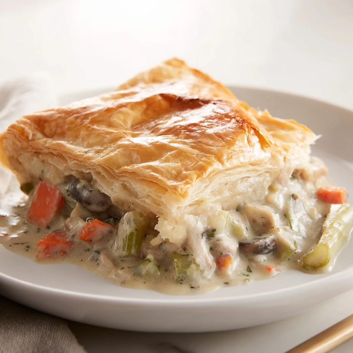 Comforting mushroom and leek pot pie paired with a crisp green salad on a wooden table.