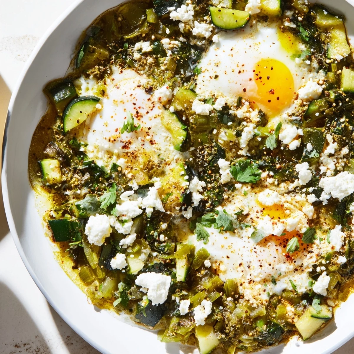 Poached eggs sit in a vibrant skillet of Green Shakshuka with wilted spinach, topped with creamy feta cheese.